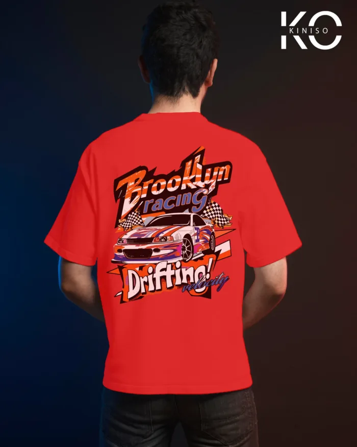 Image of Red color drop shoulder t-shirt with Brooklyn Racing Drifting Print for men at reasonable price